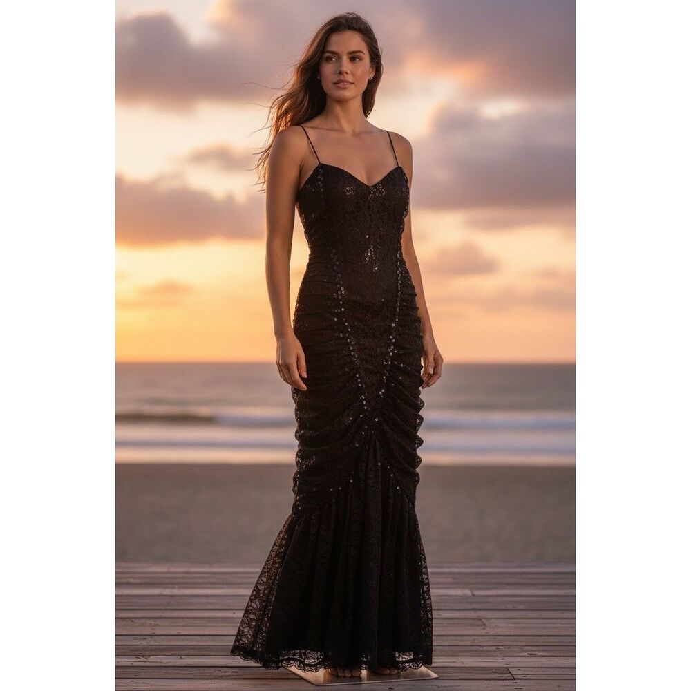 Vntg. Gunne Sax Black‎ Sequins Mermaid lace Dress Sz 13